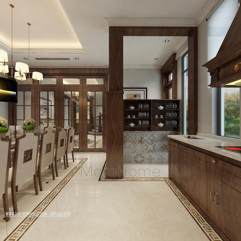 Thiết kế nội thất căn bếp biệt thự tại Hà Nội sử dụng gỗ óc chó nhập khẩu